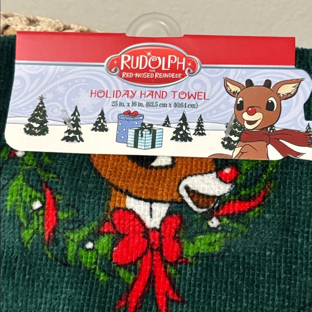 NEW Rudolph the Red Nosed Reindeer Christmas Wreath Printed Green Hand Towel